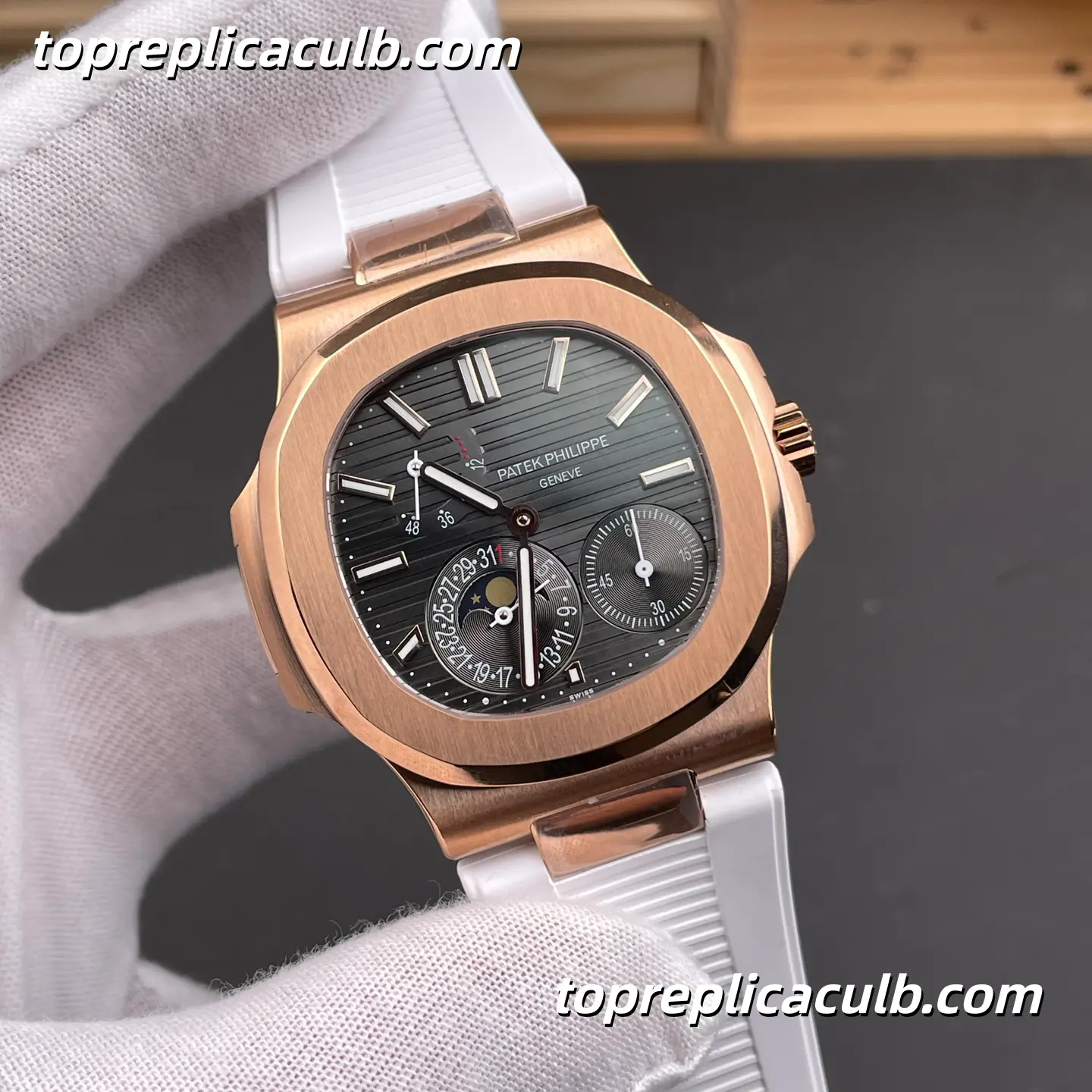GR Factory Patek Philippe Nautilus Series 5712R-001 Super Clone Watch 40mm Black Dial Rose Gold Case White Rubber Strap Moonphase Power Reserve Automatic Movement - Image 4