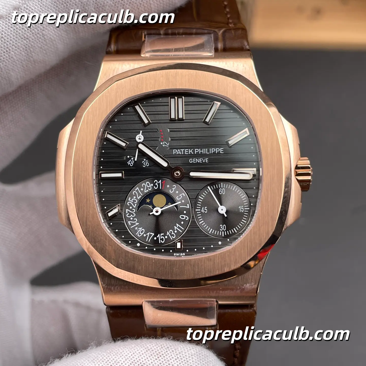 GR Factory Patek Philippe Nautilus Series 5712R-001 Super Clone Watch 40mm Black Dial Rose Gold Case Brown Leather Strap Moonphase Power Reserve Automatic Movement - Image 3