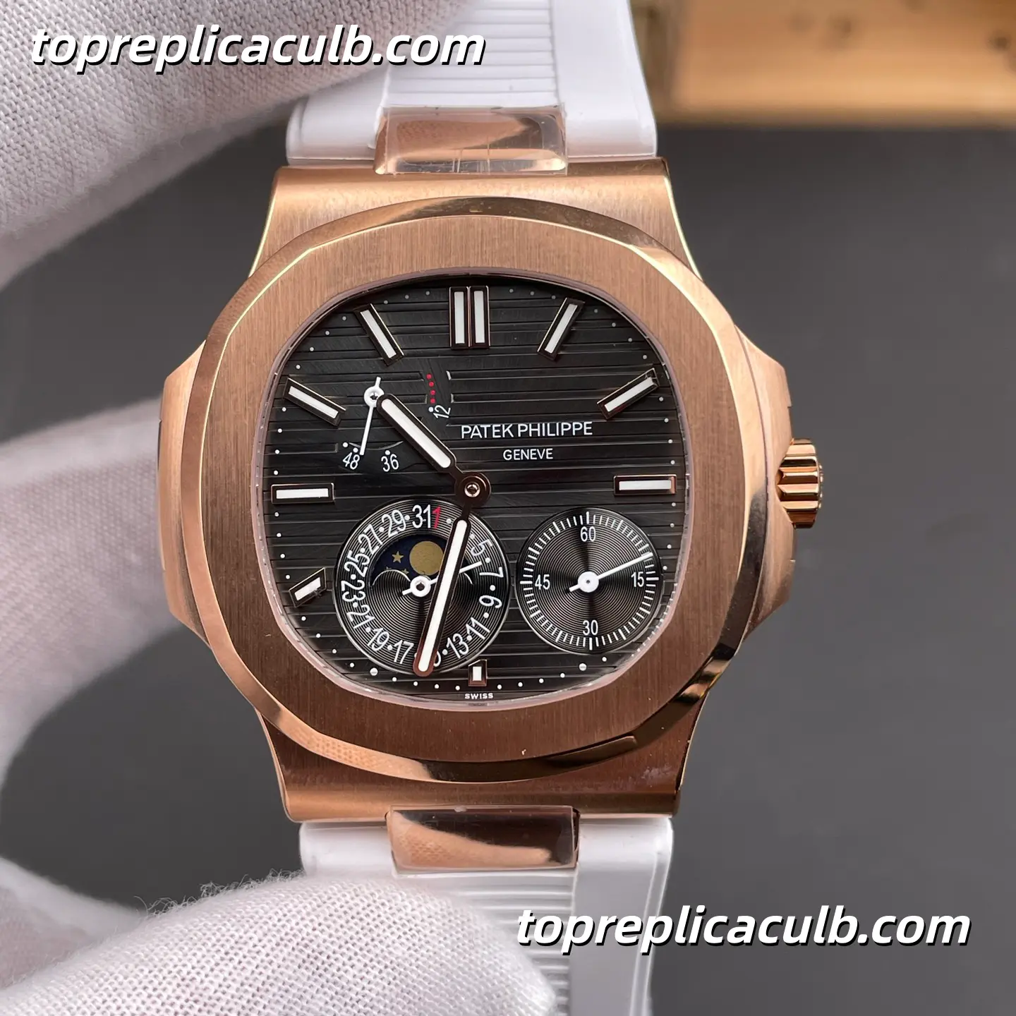 GR Factory Patek Philippe Nautilus Series 5712R-001 Super Clone Watch 40mm Black Dial Rose Gold Case White Rubber Strap Moonphase Power Reserve Automatic Movement - Image 3