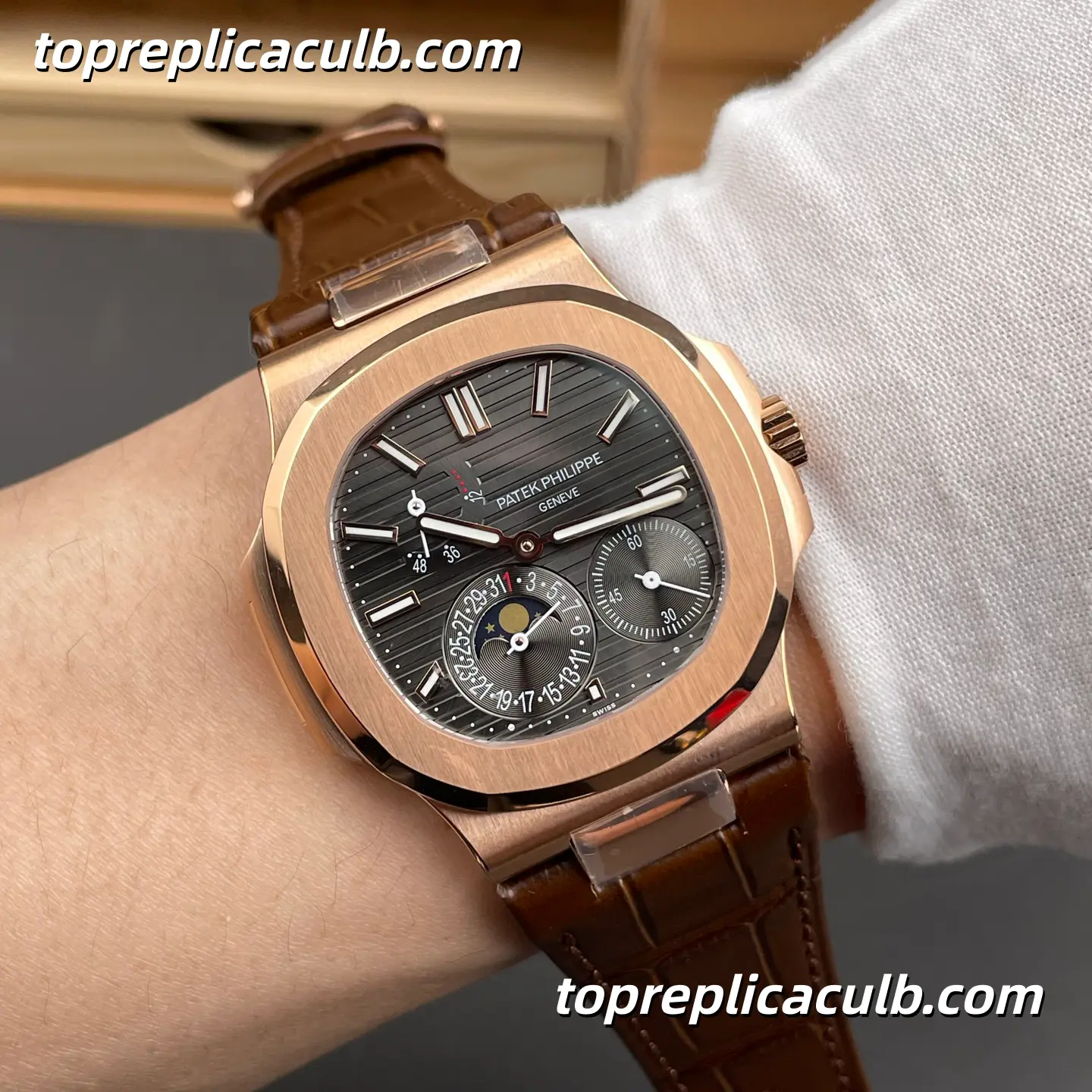 GR Factory Patek Philippe Nautilus Series 5712R-001 Super Clone Watch 40mm Black Dial Rose Gold Case Brown Leather Strap Moonphase Power Reserve Automatic Movement - Image 2