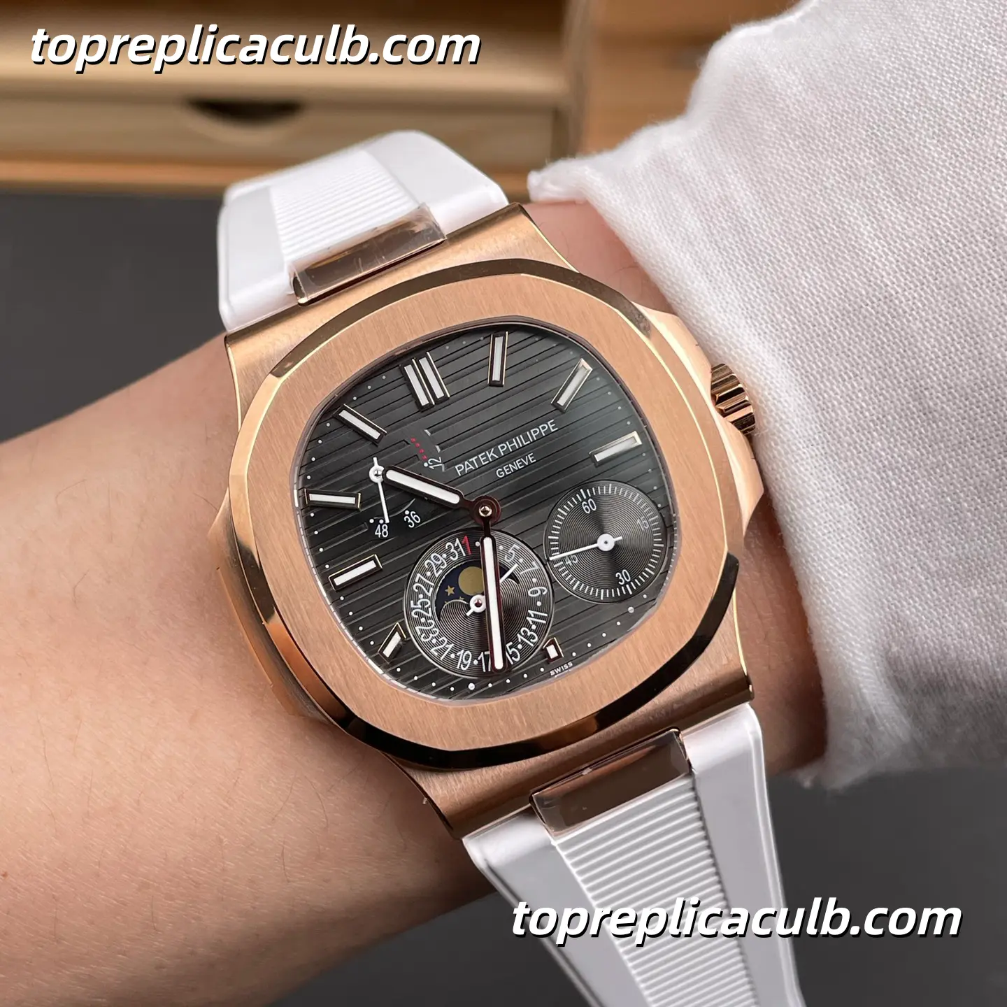 GR Factory Patek Philippe Nautilus Series 5712R-001 Super Clone Watch 40mm Black Dial Rose Gold Case White Rubber Strap Moonphase Power Reserve Automatic Movement - Image 2