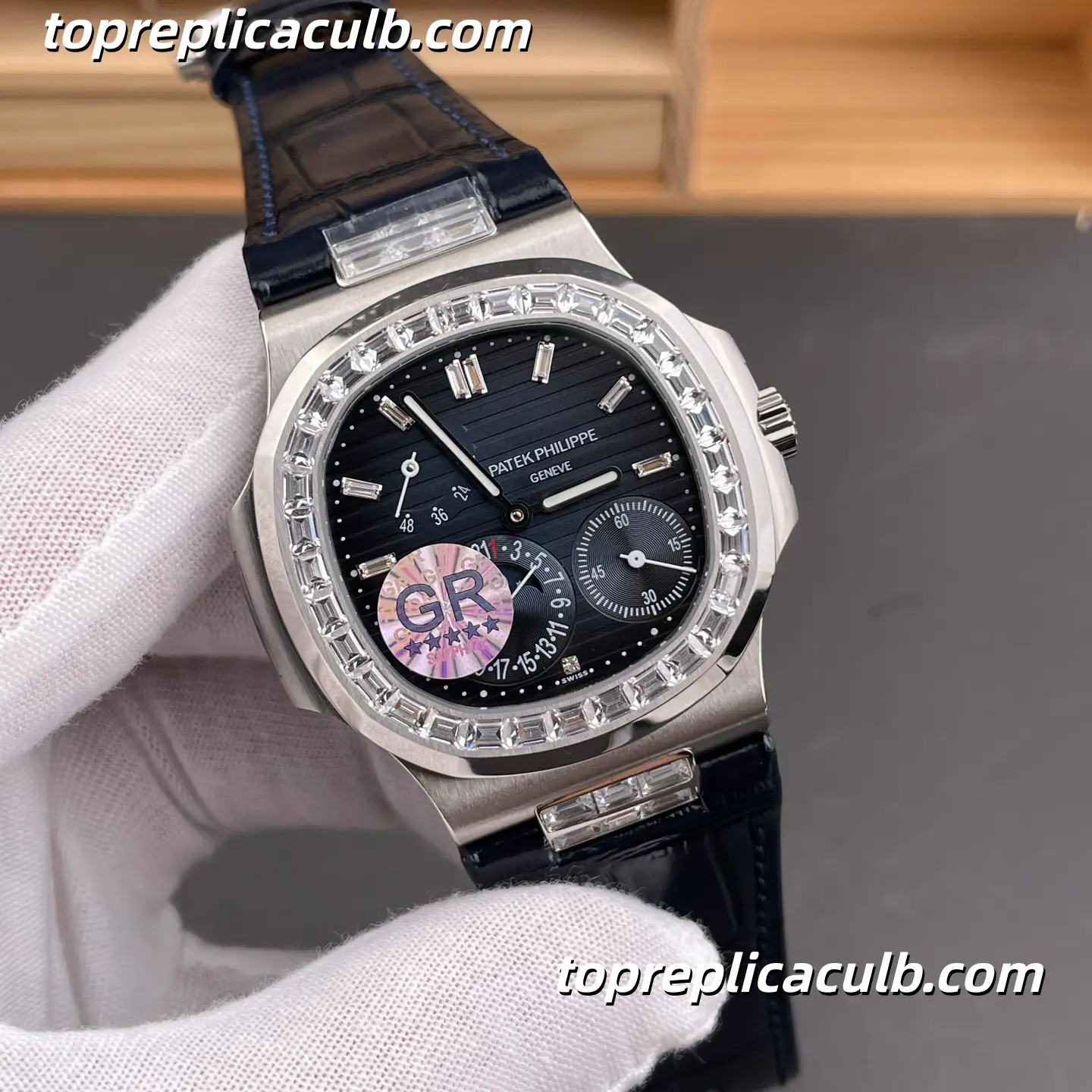 GR Factory Patek Philippe Nautilus Series 5724G-001 Super Clone Watch 40mm Black Dial Diamond Bezel Stainless Steel Case Blue Leather Strap Integrated Automatic Movement - Image 4
