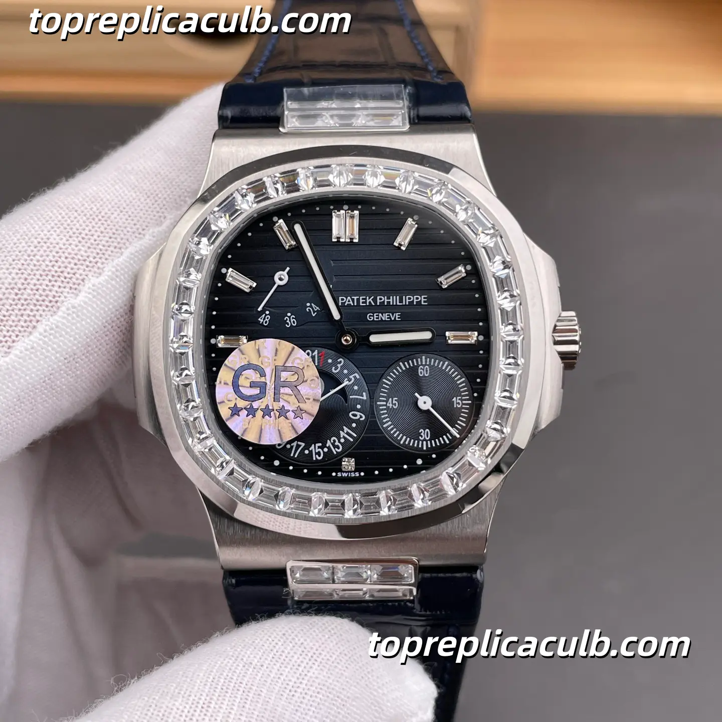 GR Factory Patek Philippe Nautilus Series 5724G-001 Super Clone Watch 40mm Black Dial Diamond Bezel Stainless Steel Case Blue Leather Strap Integrated Automatic Movement - Image 3