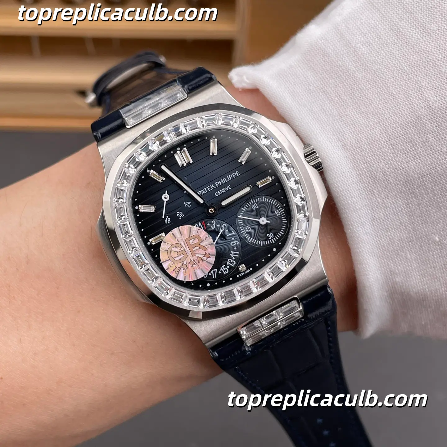GR Factory Patek Philippe Nautilus Series 5724G-001 Super Clone Watch 40mm Black Dial Diamond Bezel Stainless Steel Case Blue Leather Strap Integrated Automatic Movement - Image 2