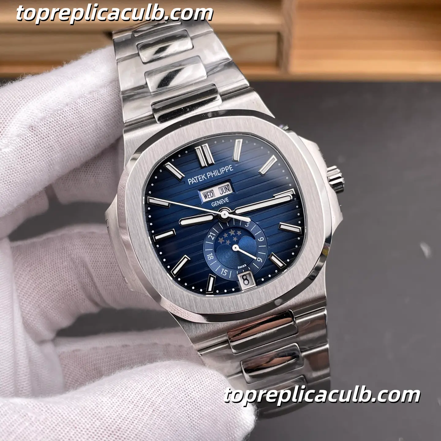 GR Factory Patek Philippe Nautilus Series 5726/1A-014 Super Clone Watch 40.5mm Blue Dial Stainless Steel Case and Bracelet Annual Calendar Moonphase Automatic Movement - Image 4