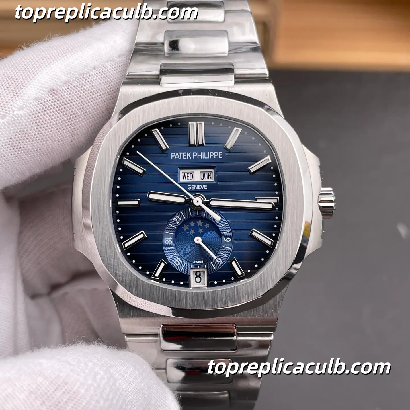 GR Factory Patek Philippe Nautilus Series 5726/1A-014 Super Clone Watch 40.5mm Blue Dial Stainless Steel Case and Bracelet Annual Calendar Moonphase Automatic Movement - Image 3