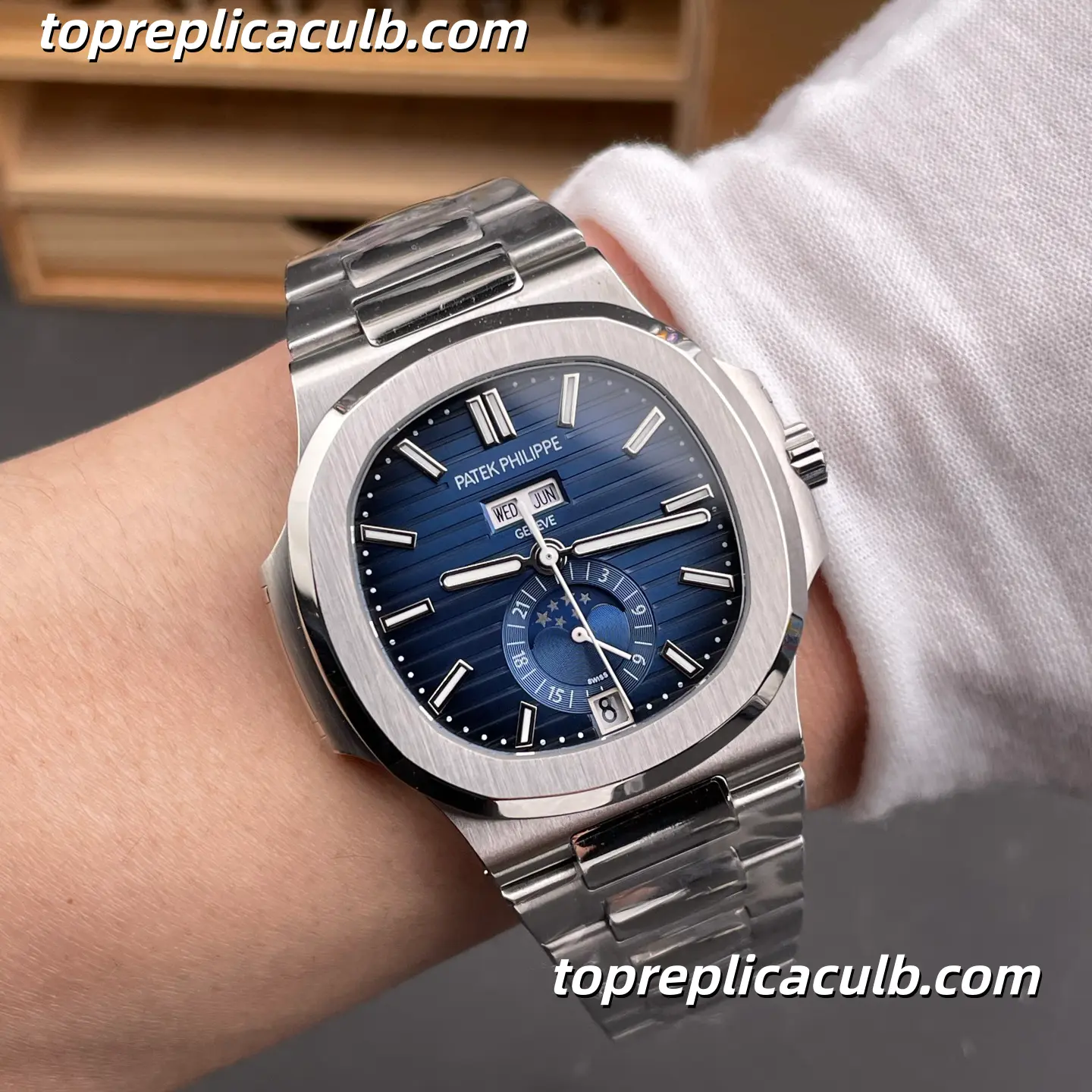 GR Factory Patek Philippe Nautilus Series 5726/1A-014 Super Clone Watch 40.5mm Blue Dial Stainless Steel Case and Bracelet Annual Calendar Moonphase Automatic Movement - Image 2