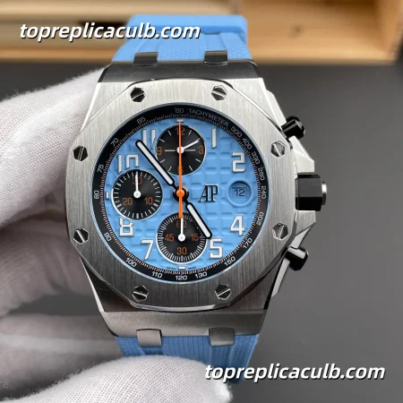 HB Factory Audemars Piguet Royal Oak Offshore Ref.26238ST.OO.A340CA.01 42MM Light Blue Dial Super Clone Watch with Blue Rubber Strap and APS Chronograph Automatic Movement