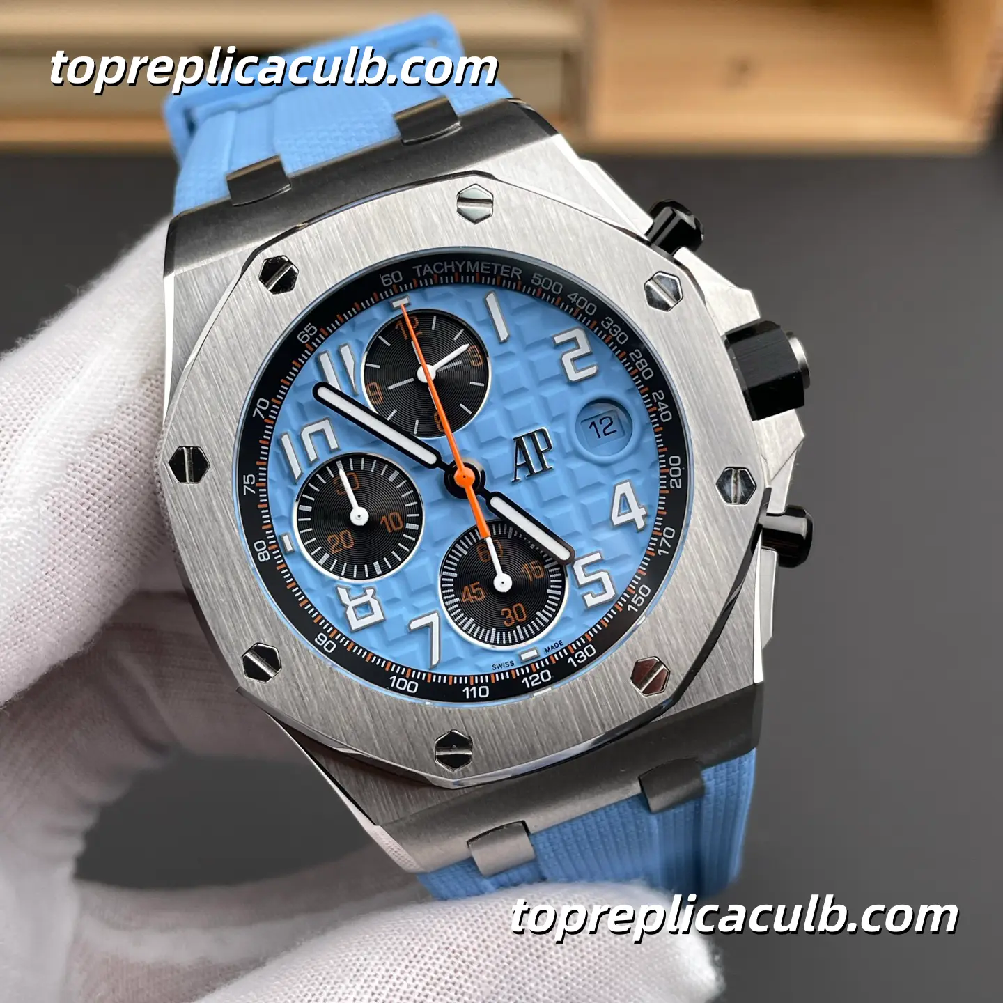 HB Factory Audemars Piguet Royal Oak Offshore Ref.26238ST.OO.A340CA.01 42MM Light Blue Dial Super Clone Watch with Blue Rubber Strap and 1:1 Chronograph Automatic Movement - Image 4