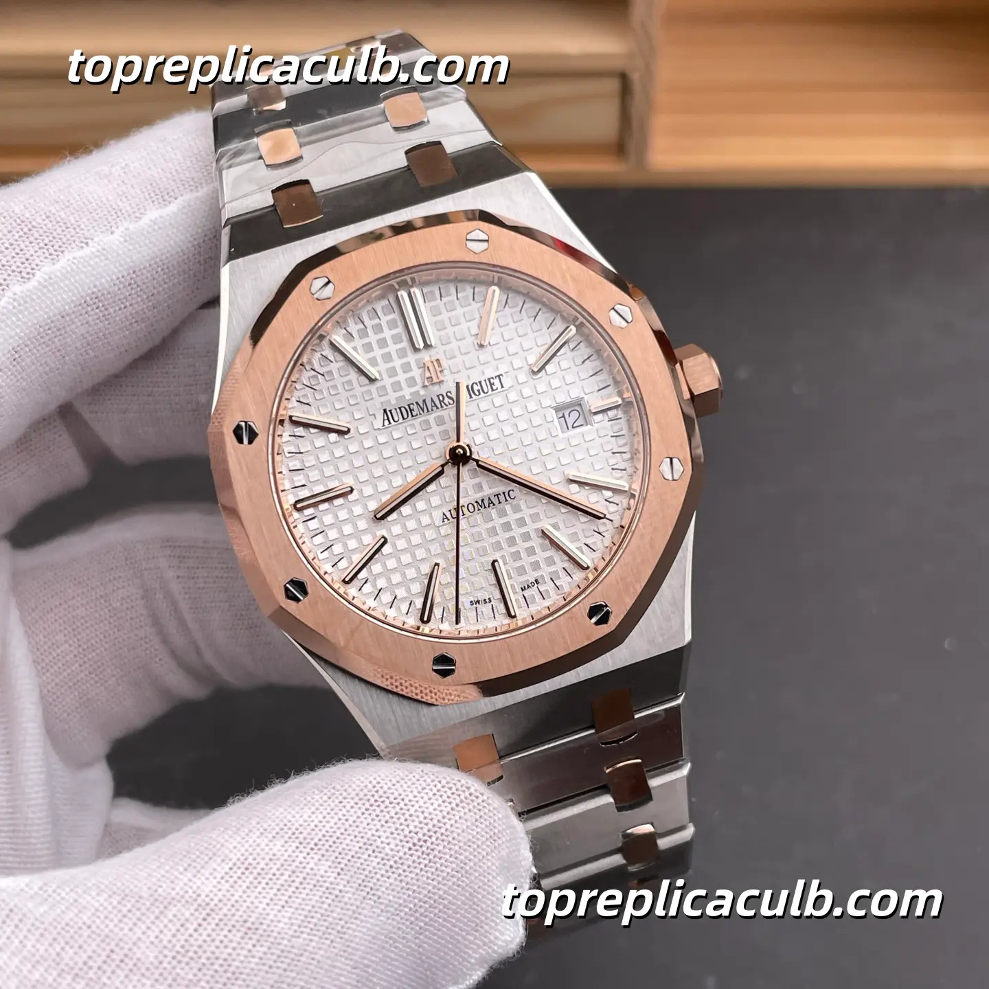 IP Factory Audemars Piguet Royal Oak 41MM 15400SR.OO.1220SR.01 Silver Grande Tapisserie Dial Two-Tone Stainless Steel & Rose Gold Bracelet Super Clone Watch with 3120 1:1 Automatic Movement - Image 4