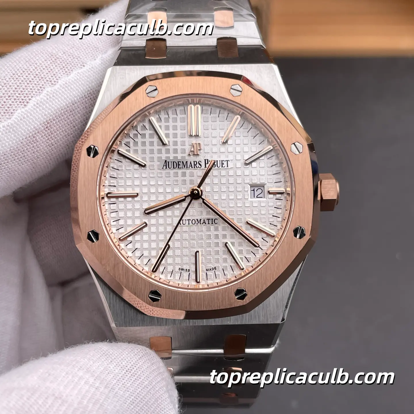 IP Factory Audemars Piguet Royal Oak 41MM 15400SR.OO.1220SR.01 Silver Grande Tapisserie Dial Two-Tone Stainless Steel & Rose Gold Bracelet Super Clone Watch with 3120 1:1 Automatic Movement - Image 3
