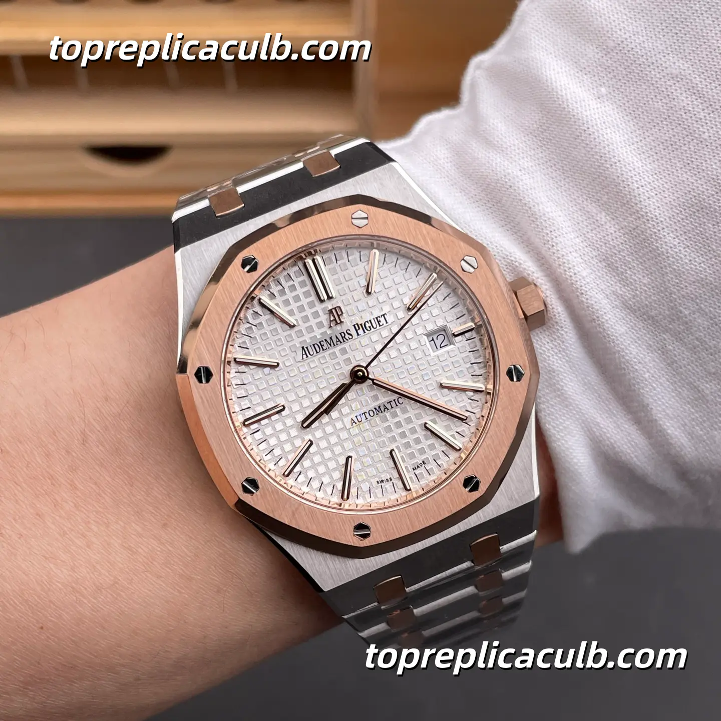 IP Factory Audemars Piguet Royal Oak 41MM 15400SR.OO.1220SR.01 Silver Grande Tapisserie Dial Two-Tone Stainless Steel & Rose Gold Bracelet Super Clone Watch with 3120 1:1 Automatic Movement - Image 2