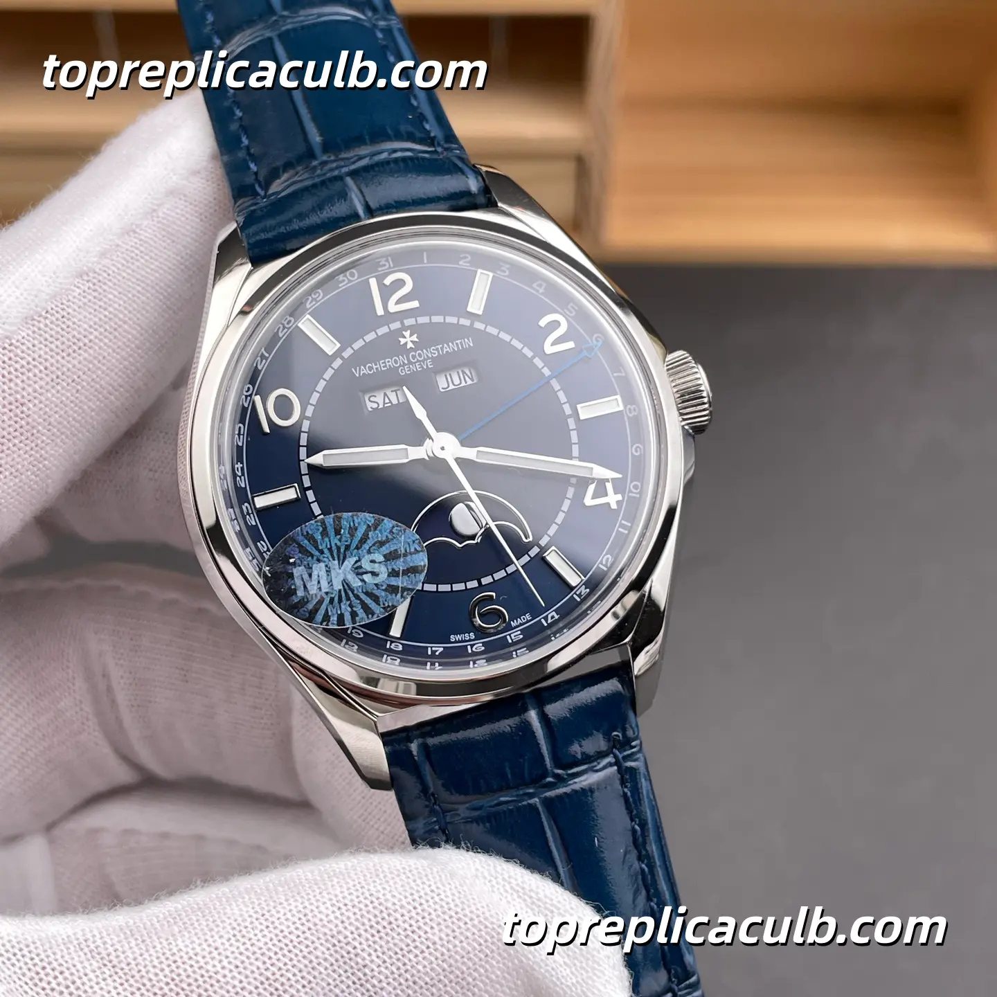 MKS Factory Vacheron Constantin Fiftysix Complete Calendar 4000E/000A-B548 Super Clone Watch Blue Dial Moonphase Blue Leather Strap 2460 QCL/1 Movement - Image 4