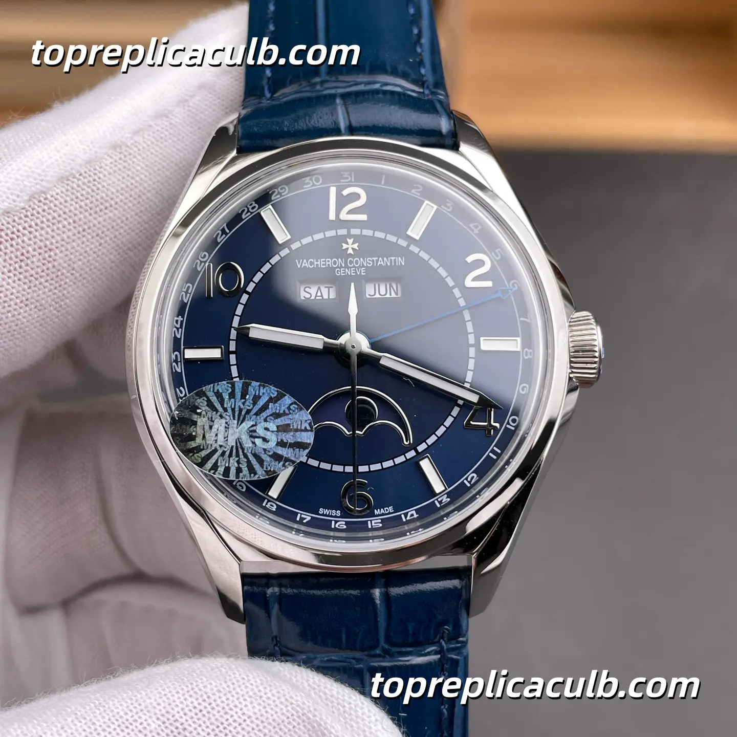 MKS Factory Vacheron Constantin Fiftysix Complete Calendar 4000E/000A-B548 Super Clone Watch Blue Dial Moonphase Blue Leather Strap 2460 QCL/1 Movement - Image 3