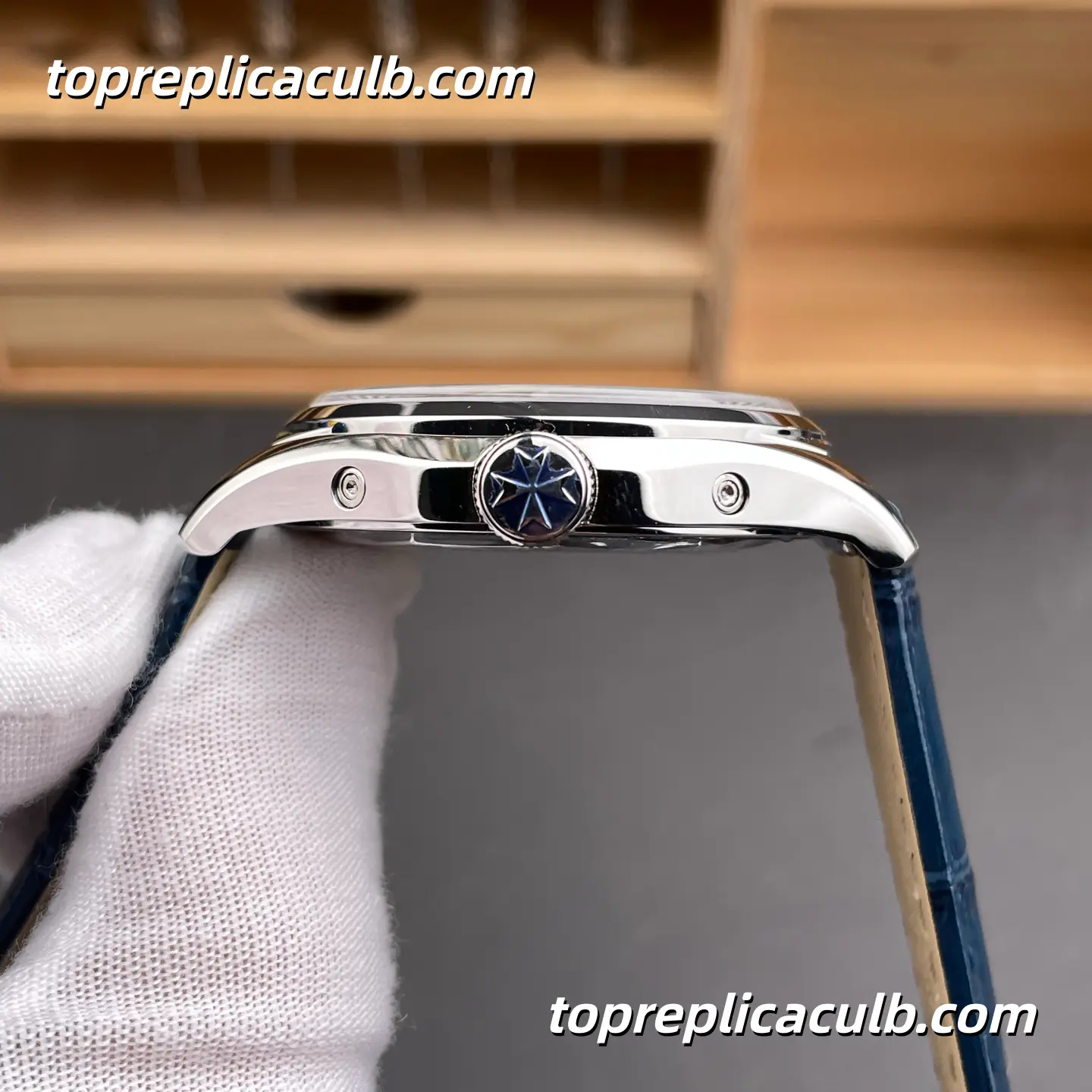 MKS Factory Vacheron Constantin Fiftysix Complete Calendar 4000E/000A-B548 Super Clone Watch Blue Dial Moonphase Blue Leather Strap 2460 QCL/1 Movement - Image 7