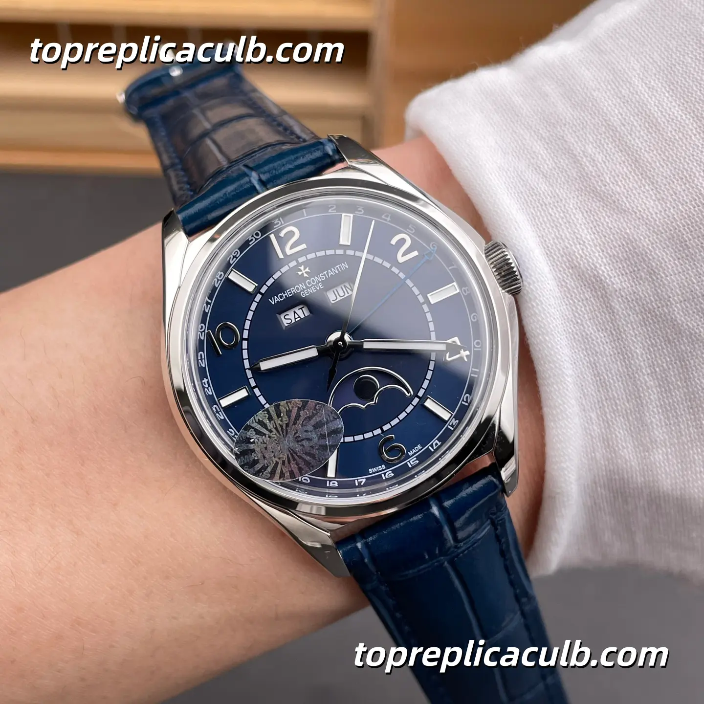 MKS Factory Vacheron Constantin Fiftysix Complete Calendar 4000E/000A-B548 Super Clone Watch Blue Dial Moonphase Blue Leather Strap 2460 QCL/1 Movement - Image 2