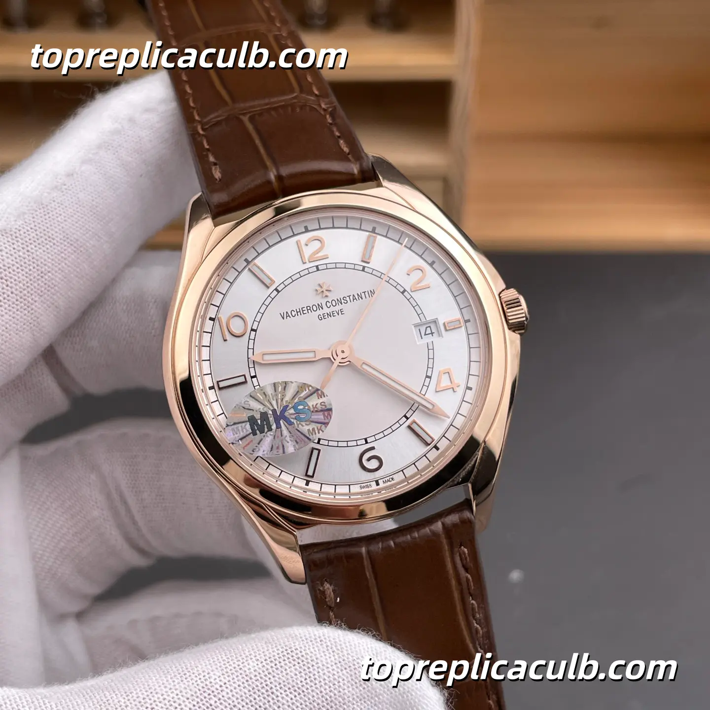 MKS Factory Vacheron Constantin Fiftysix Self-Winding 4600E/000R-B441 Super Clone Watch Rose Gold Silver Dial Brown Leather Strap 1326 Movement - Image 4