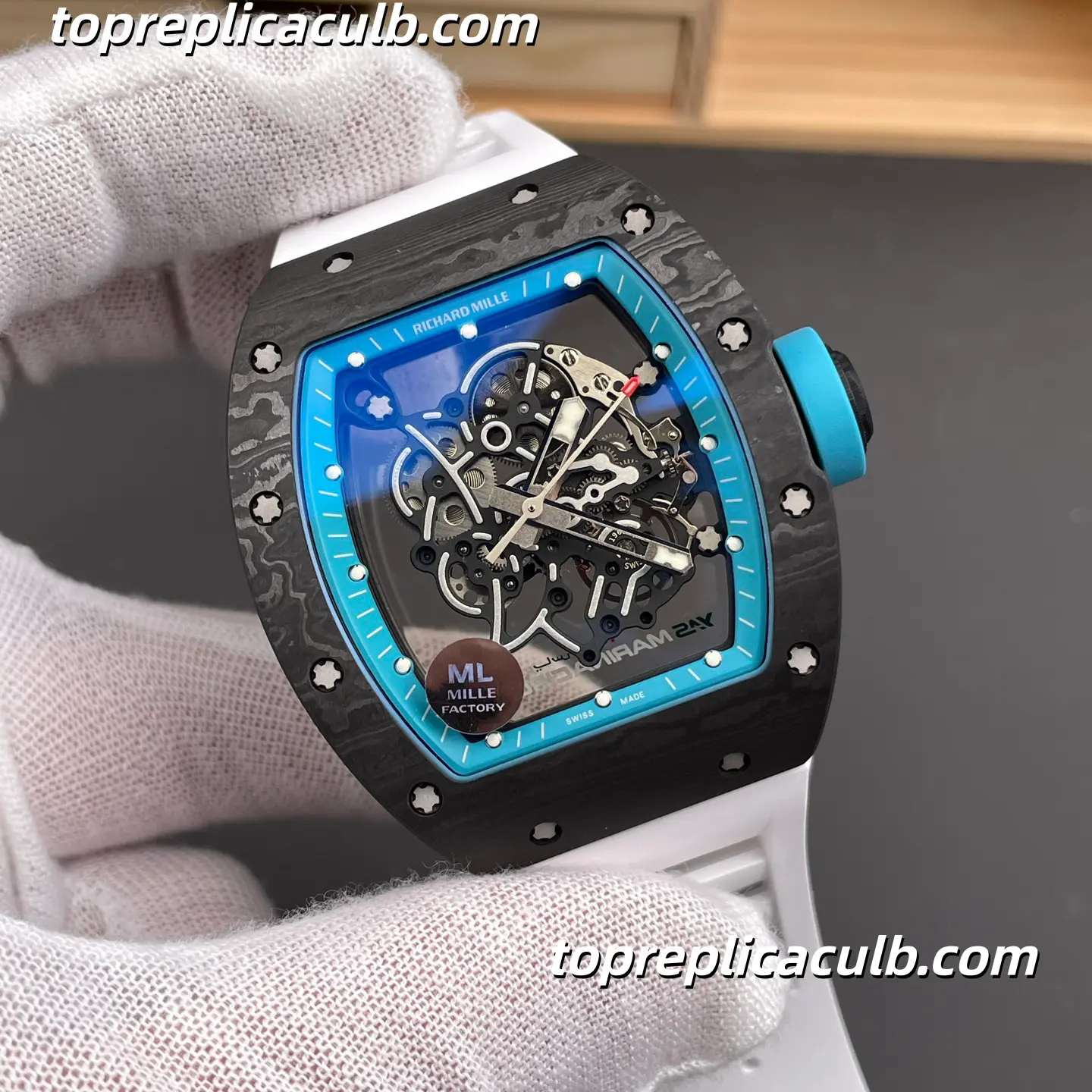 ML Factory Richard Mille RM055 Bubba Watson Abu Dhabi Blue Inner Bezel Carbon Fiber Case 49.9x42.07mm Super Clone Watch 1:1 RMUL2 Integrated Skeleton Movement - Image 4