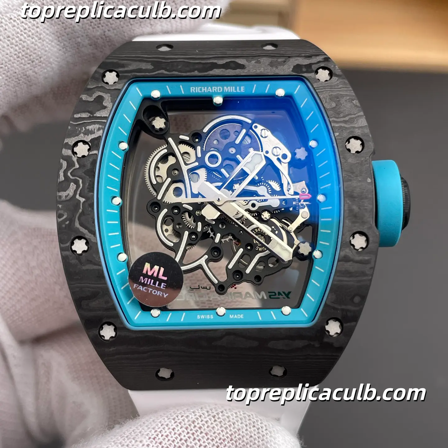 ML Factory Richard Mille RM055 Bubba Watson Abu Dhabi Blue Inner Bezel Carbon Fiber Case 49.9x42.07mm Super Clone Watch 1:1 RMUL2 Integrated Skeleton Movement - Image 3