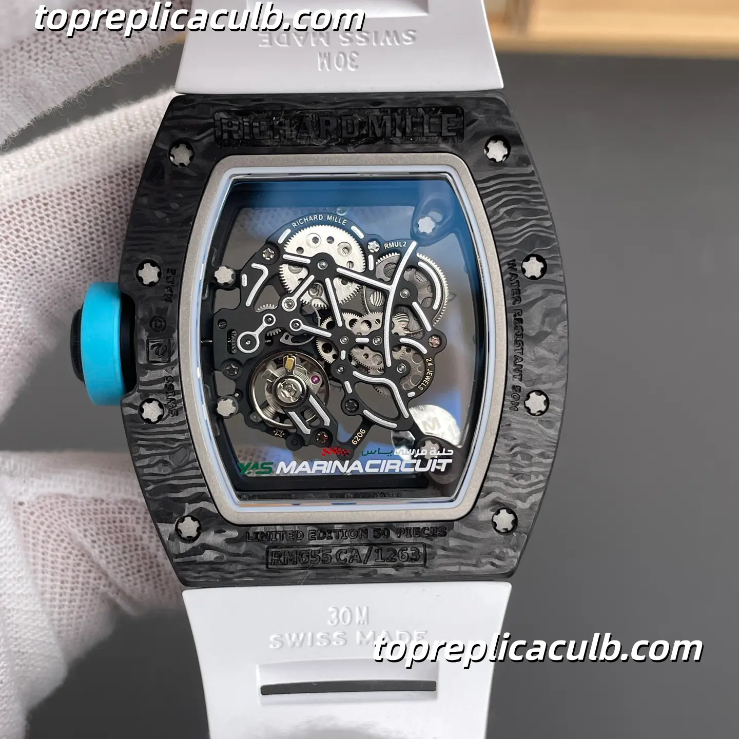 ML Factory Richard Mille RM055 Bubba Watson Abu Dhabi Blue Inner Bezel Carbon Fiber Case 49.9x42.07mm Super Clone Watch 1:1 RMUL2 Integrated Skeleton Movement - Image 6