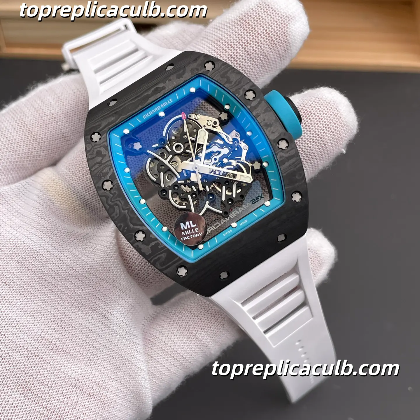 ML Factory Richard Mille RM055 Bubba Watson Abu Dhabi Blue Inner Bezel Carbon Fiber Case 49.9x42.07mm Super Clone Watch 1:1 RMUL2 Integrated Skeleton Movement - Image 5