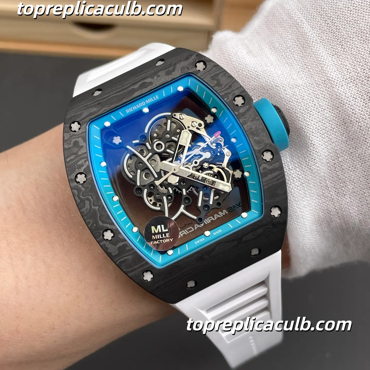 ML Factory Richard Mille RM055 Bubba Watson Abu Dhabi Blue Inner Bezel Carbon Fiber Case 49.9x42.07mm Super Clone Watch 1:1 RMUL2 Integrated Skeleton Movement - Image 2