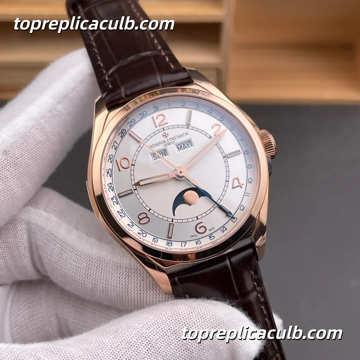 MX Factory Vacheron Constantin Fiftysix Complete Calendar 4000E/000R-B438 Super Clone Watch Rose Gold White Dial Moonphase Leather Strap 2460 QCL/1 Movement - Image 4