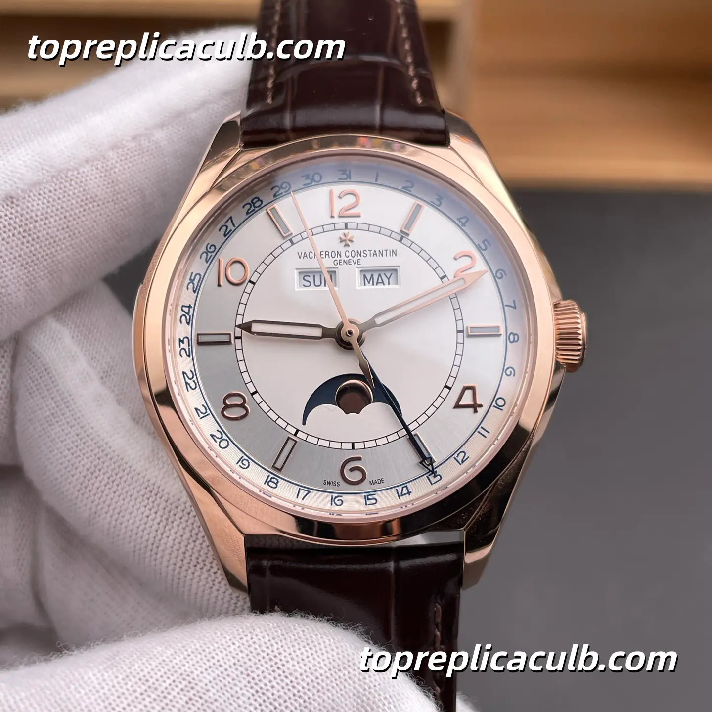 MX Factory Vacheron Constantin Fiftysix Complete Calendar 4000E/000R-B438 Super Clone Watch Rose Gold White Dial Moonphase Leather Strap 2460 QCL/1 Movement - Image 3