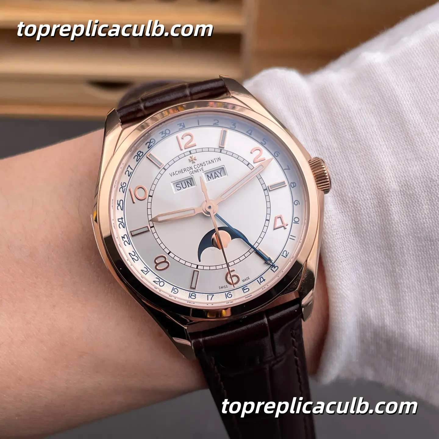 MX Factory Vacheron Constantin Fiftysix Complete Calendar 4000E/000R-B438 Super Clone Watch Rose Gold White Dial Moonphase Leather Strap 2460 QCL/1 Movement - Image 2