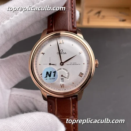 N1 Factory Omega De Ville Prestige Power Reserve Ref.434.53.41.21.02.001 41MM Silver Dial Rose Gold Case Brown Leather Strap Super Clone Watch