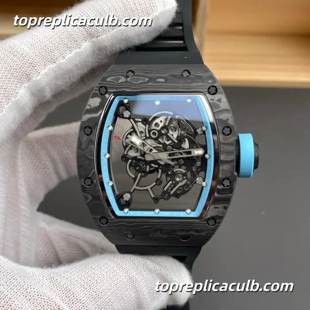 NEW Factory Richard Mille RM055 Carbon Fiber Sky Blue Inner Bezel Black Strap 49.9x42.07mm Super Clone Watch