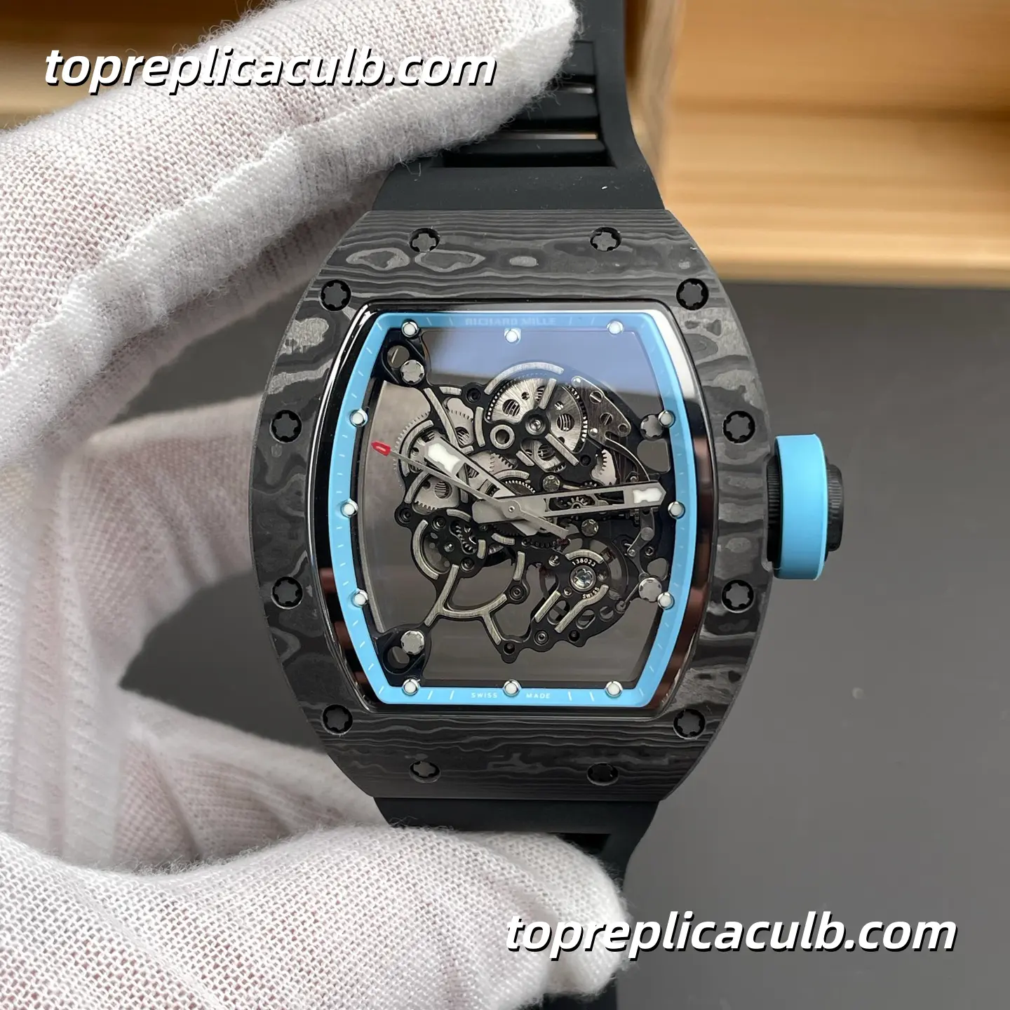 NEW Factory Richard Mille RM055 Carbon Fiber Sky Blue Inner Bezel Black Strap 49.9x42.07mm Super Clone Watch