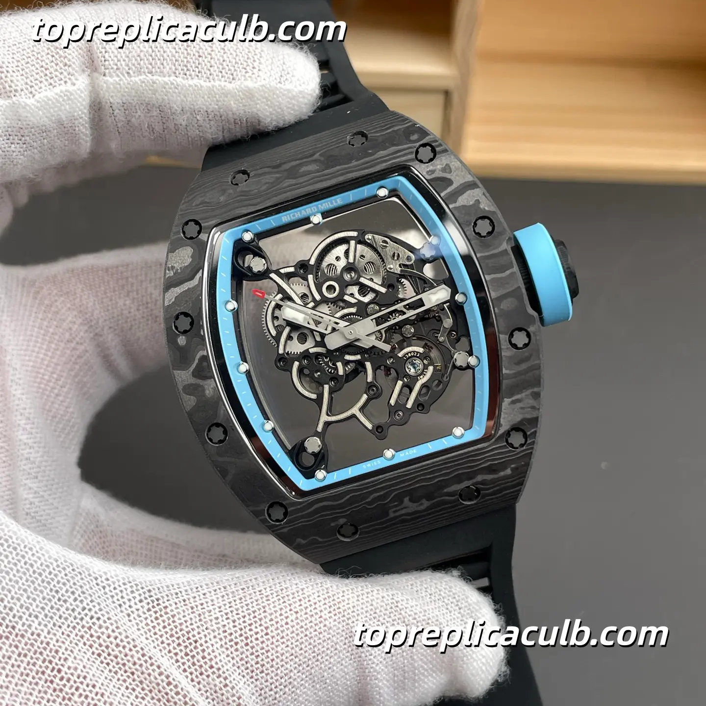 NEW Factory Richard Mille RM055 Carbon Fiber Sky Blue Inner Bezel Black Strap 49.9x42.07mm Super Clone Watch RMUL2 Integrated Custom Skeleton Movement - Image 4