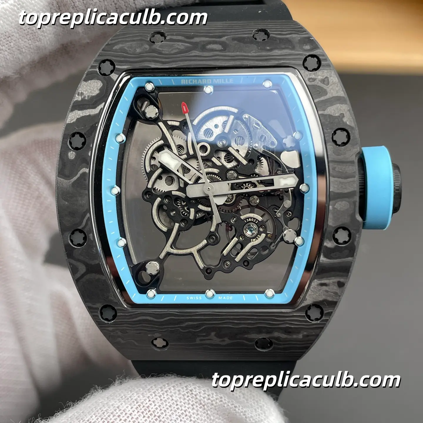 NEW Factory Richard Mille RM055 Carbon Fiber Sky Blue Inner Bezel Black Strap 49.9x42.07mm Super Clone Watch RMUL2 Integrated Custom Skeleton Movement - Image 3
