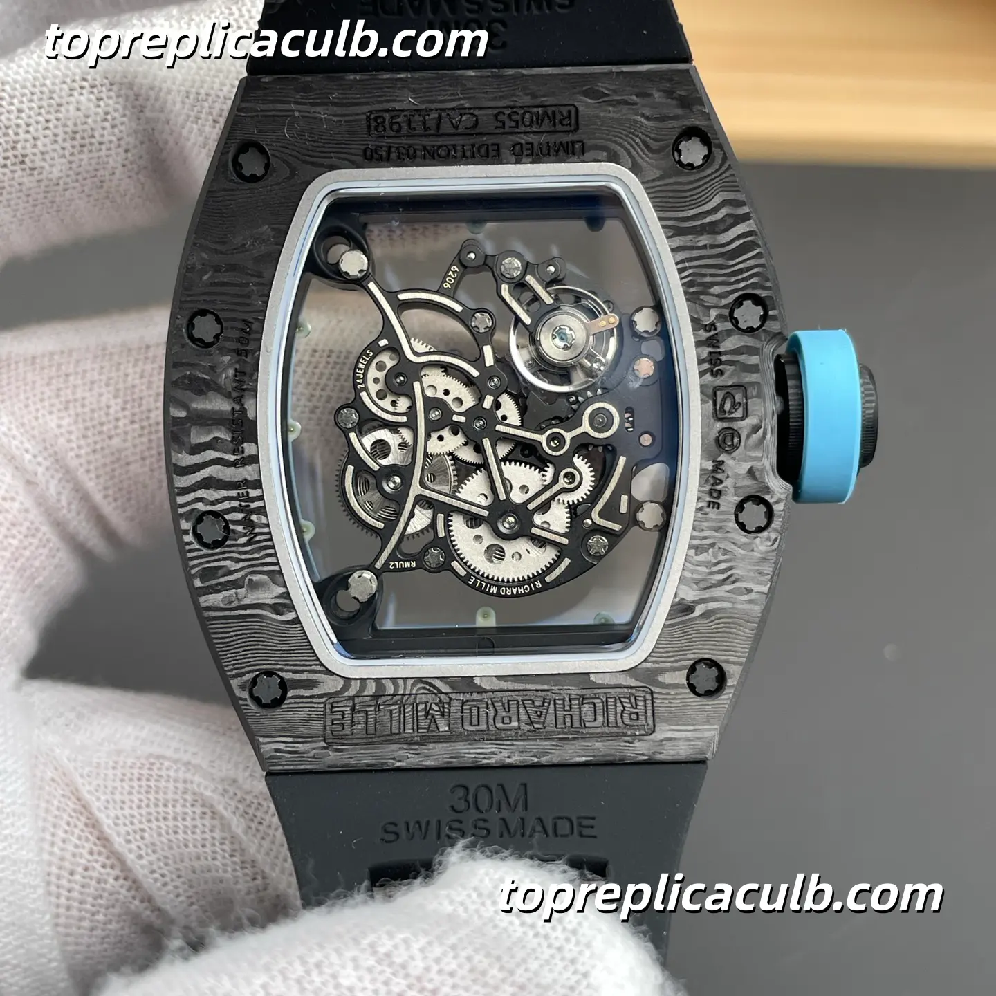 NEW Factory Richard Mille RM055 Carbon Fiber Sky Blue Inner Bezel Black Strap 49.9x42.07mm Super Clone Watch RMUL2 Integrated Custom Skeleton Movement - Image 5