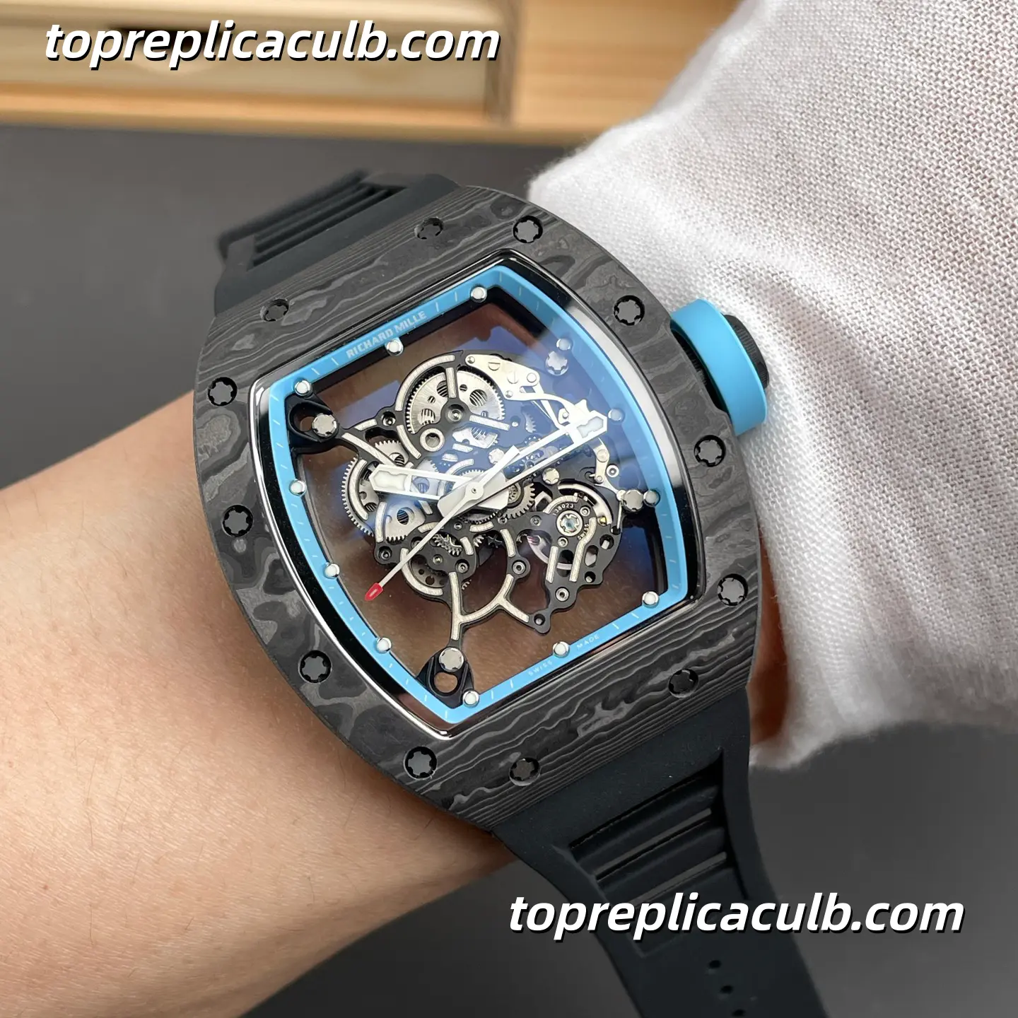 NEW Factory Richard Mille RM055 Carbon Fiber Sky Blue Inner Bezel Black Strap 49.9x42.07mm Super Clone Watch RMUL2 Integrated Custom Skeleton Movement - Image 2