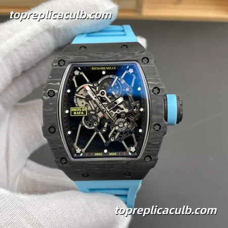 NEW Factory Richard Mille RM35-01 Black Red Inner Bezel Carbon Fiber Case Sky Blue Strap 51x42mm RMUL3 Super Clone Watch