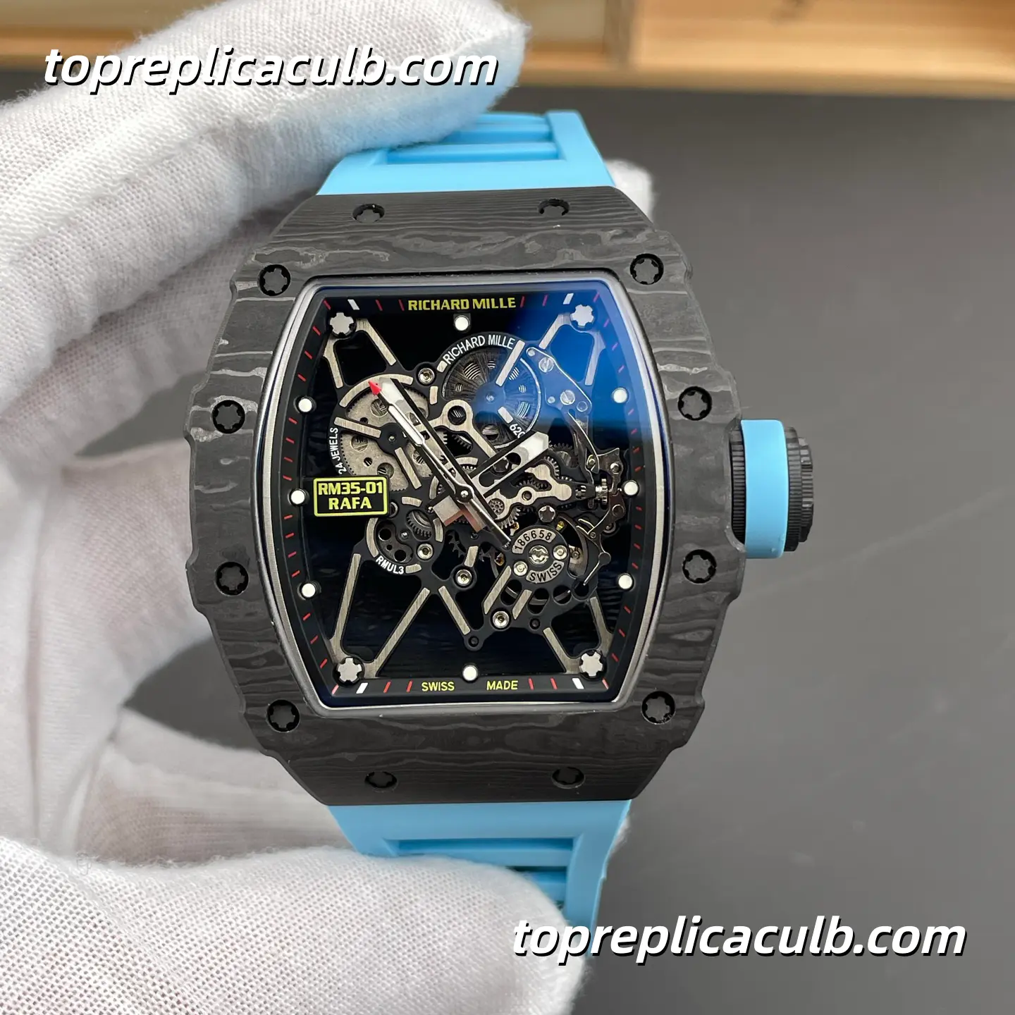 NEW Factory Richard Mille RM35-01 Black Red Inner Bezel Carbon Fiber Case Sky Blue Strap 51x42mm RMUL3 Super Clone Watch
