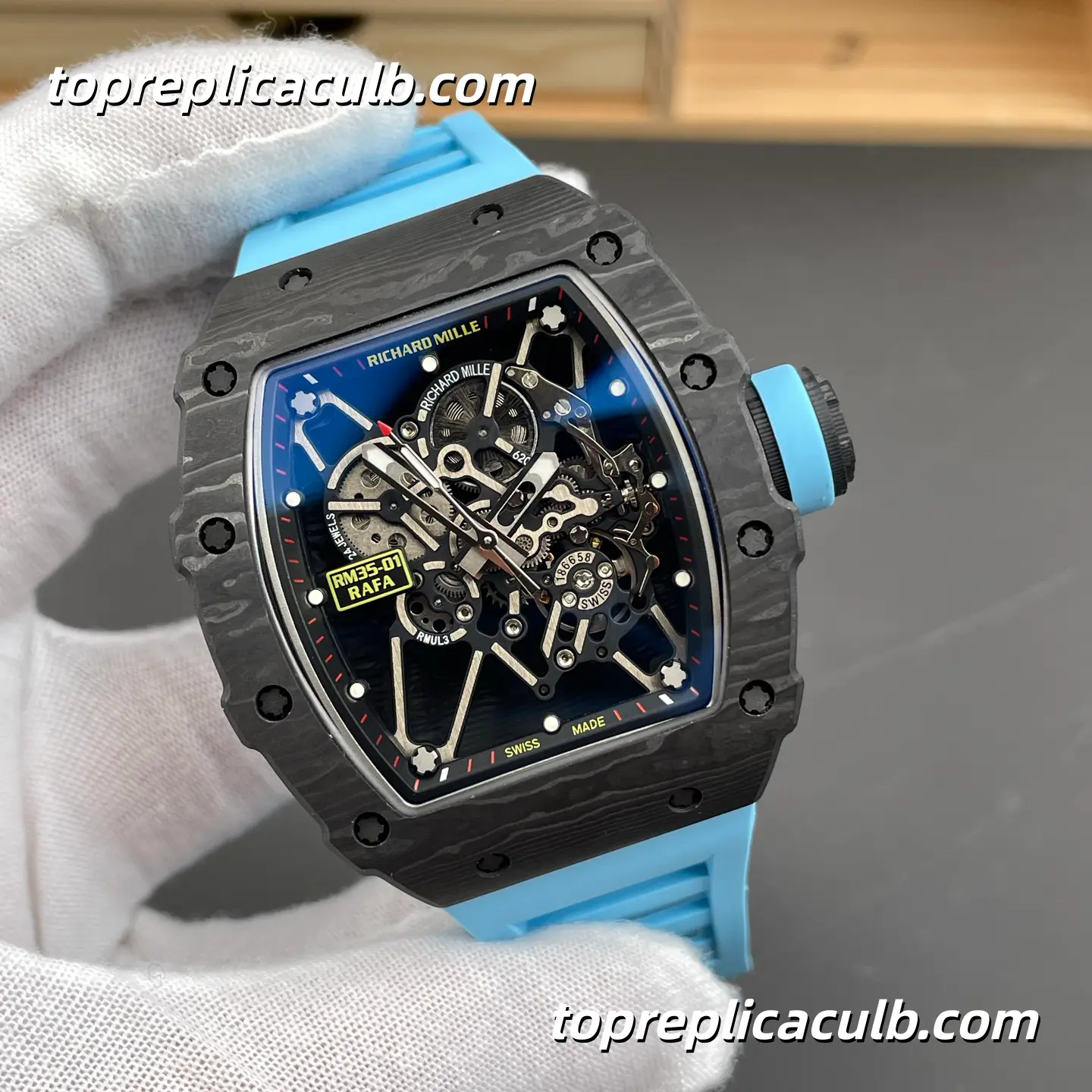 NEW Factory Richard Mille RM35-01 Black Red Inner Bezel Carbon Fiber Case Sky Blue Strap 51x42mm RMUL3 Super Clone Watch With Integrated Skeleton 1:1 Clone Movement - Image 4