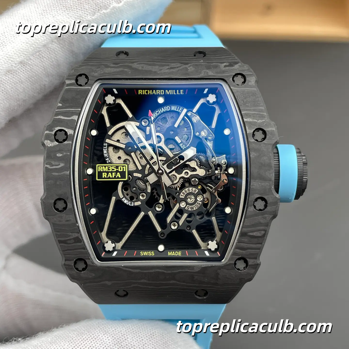 NEW Factory Richard Mille RM35-01 Black Red Inner Bezel Carbon Fiber Case Sky Blue Strap 51x42mm RMUL3 Super Clone Watch With Integrated Skeleton 1:1 Clone Movement - Image 3