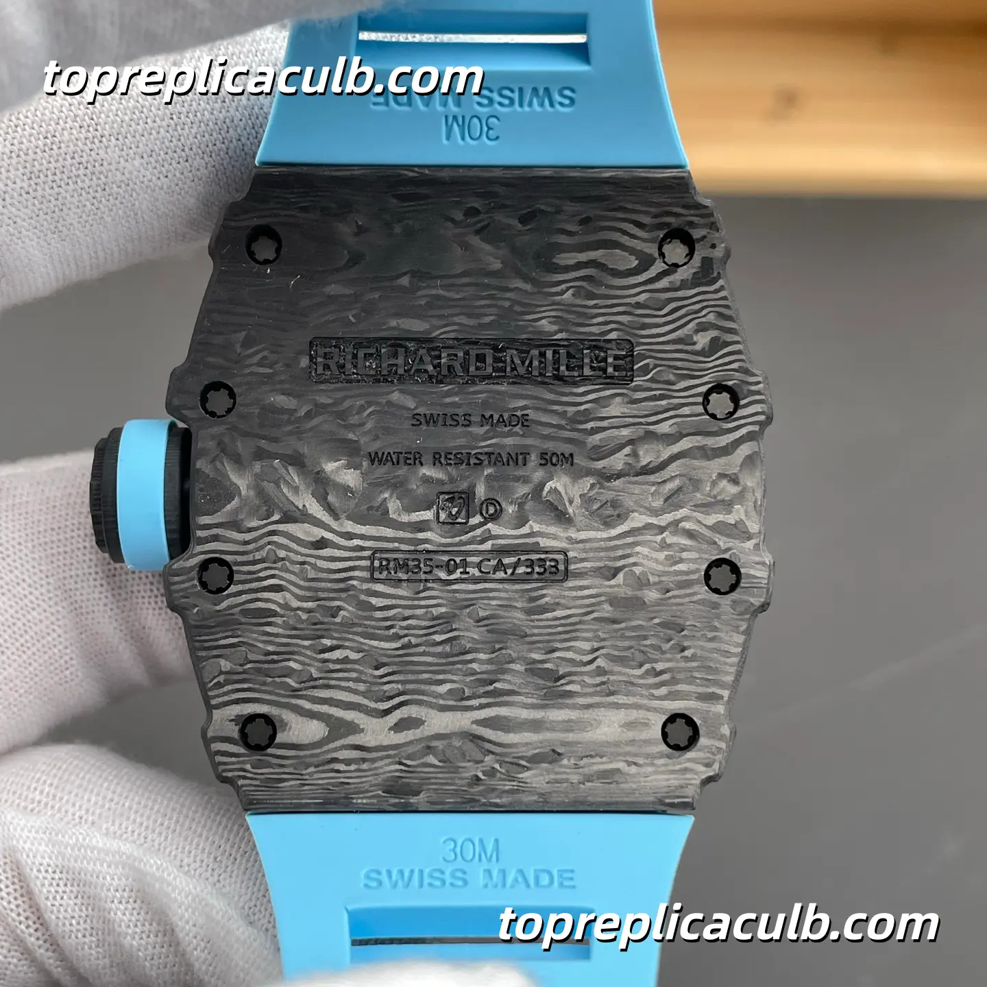 NEW Factory Richard Mille RM35-01 Black Red Inner Bezel Carbon Fiber Case Sky Blue Strap 51x42mm RMUL3 Super Clone Watch With Integrated Skeleton 1:1 Clone Movement - Image 7