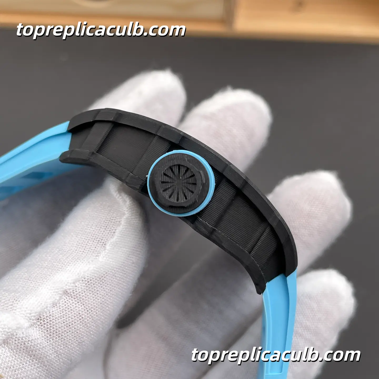 NEW Factory Richard Mille RM35-01 Black Red Inner Bezel Carbon Fiber Case Sky Blue Strap 51x42mm RMUL3 Super Clone Watch With Integrated Skeleton 1:1 Clone Movement - Image 5