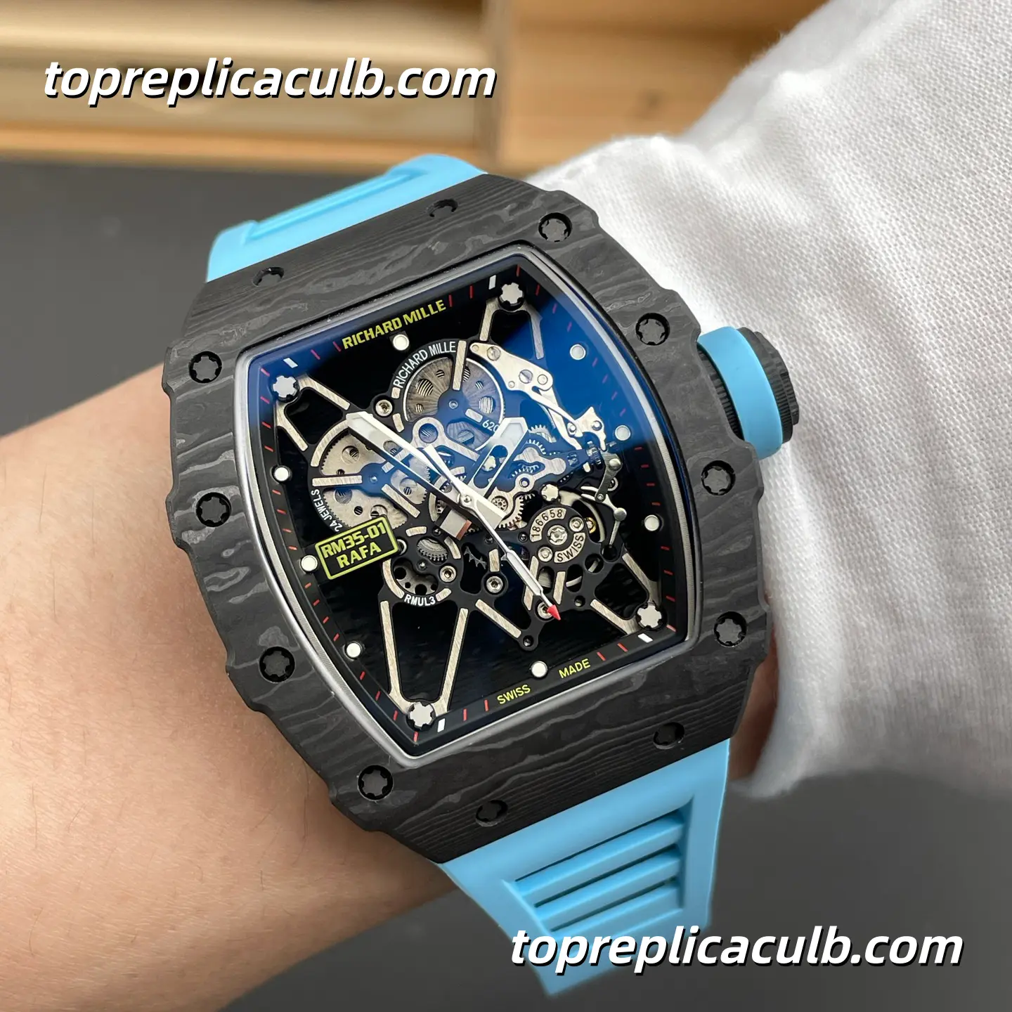 NEW Factory Richard Mille RM35-01 Black Red Inner Bezel Carbon Fiber Case Sky Blue Strap 51x42mm RMUL3 Super Clone Watch With Integrated Skeleton 1:1 Clone Movement - Image 2