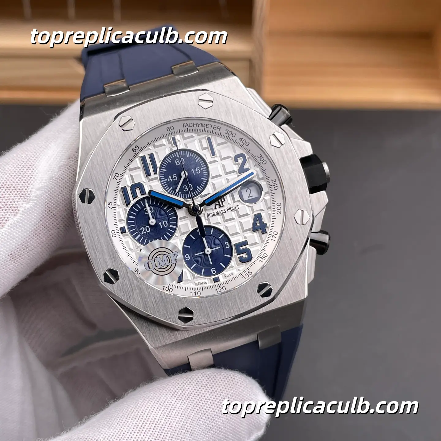 OMF Factory Audemars Piguet Royal Oak Offshore Chronograph 42MM 26170ST.OO.D305CR.01 White “Méga Tapisserie” Dial Stainless Steel Super Clone Watch with Blue Rubber Strap and 1:1 Replica Movement - Image 4
