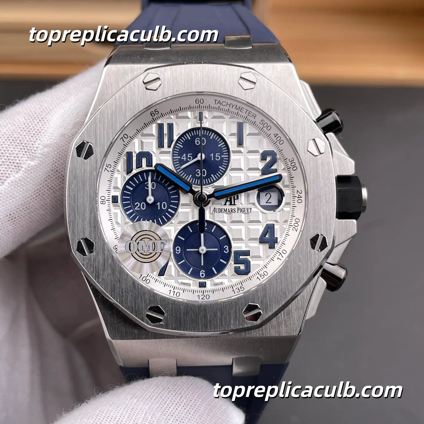 OMF Factory Audemars Piguet Royal Oak Offshore Chronograph 42MM 26170ST.OO.D305CR.01 White “Méga Tapisserie” Dial Stainless Steel Super Clone Watch with Blue Rubber Strap and 1:1 Replica Movement - Image 3