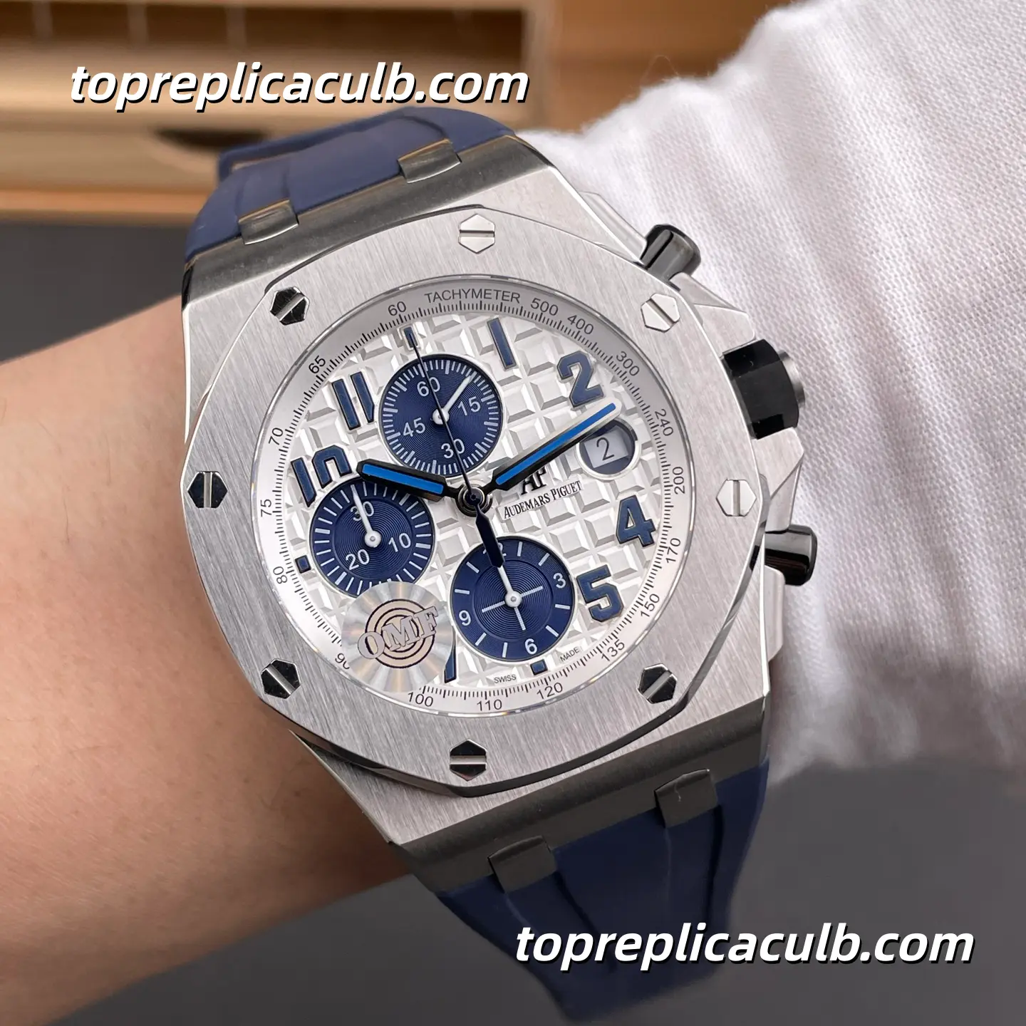 OMF Factory Audemars Piguet Royal Oak Offshore Chronograph 42MM 26170ST.OO.D305CR.01 White “Méga Tapisserie” Dial Stainless Steel Super Clone Watch with Blue Rubber Strap and 1:1 Replica Movement - Image 2