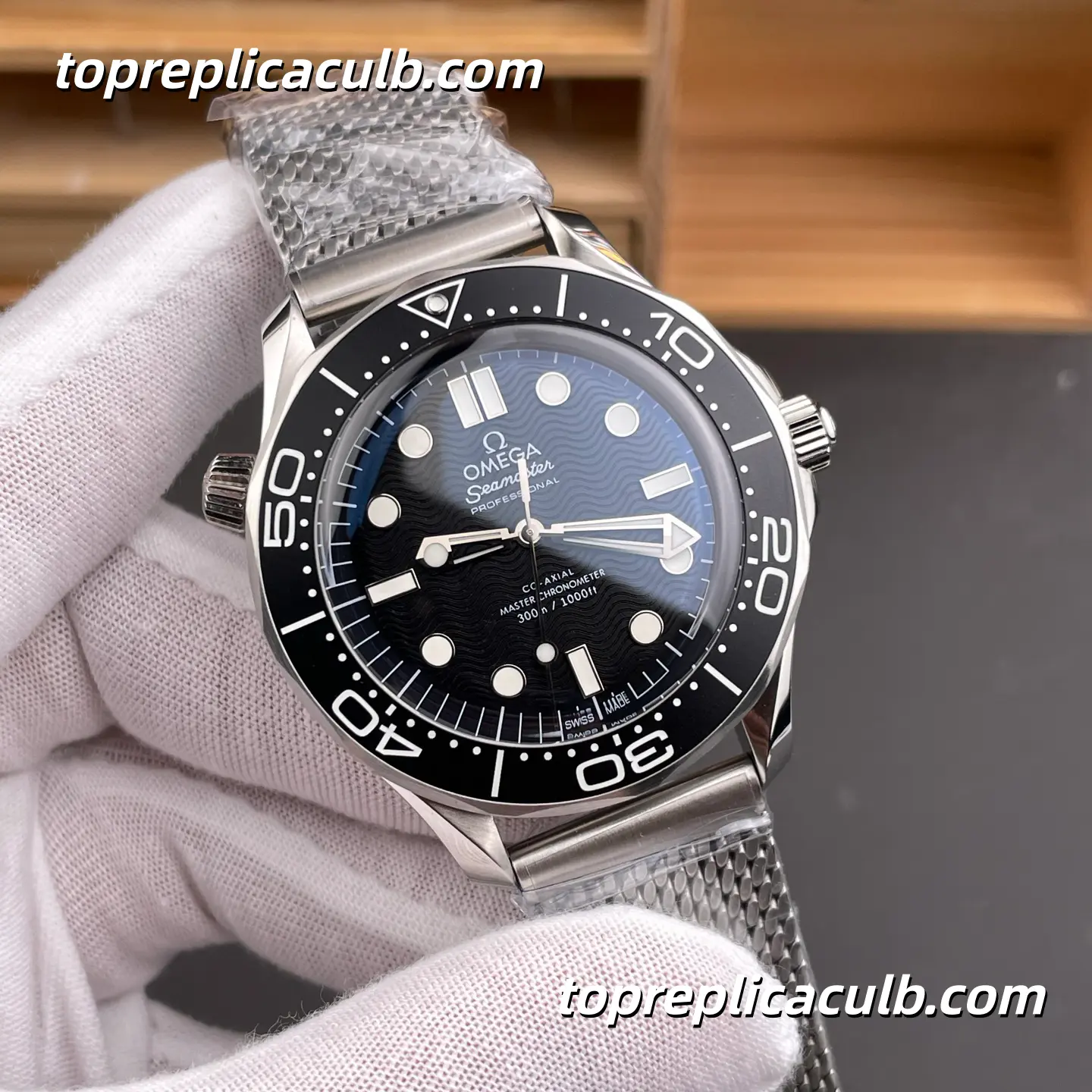 OR Factory Omega Seamaster Diver 300M Ref.210.30.42.20.01.010 42MM Black Wave Dial Mesh Bracelet 8806 Movement Super Clone Watch - Image 4