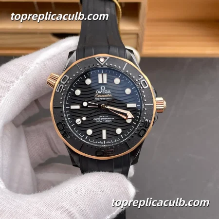 OR Factory Omega Seamaster Diver 300M Ref.210.62.44.20.01.001 43.5MM Black Dial Rose Gold Bezel Super Clone Watch with Black Rubber Strap 2824 Automatic Movement