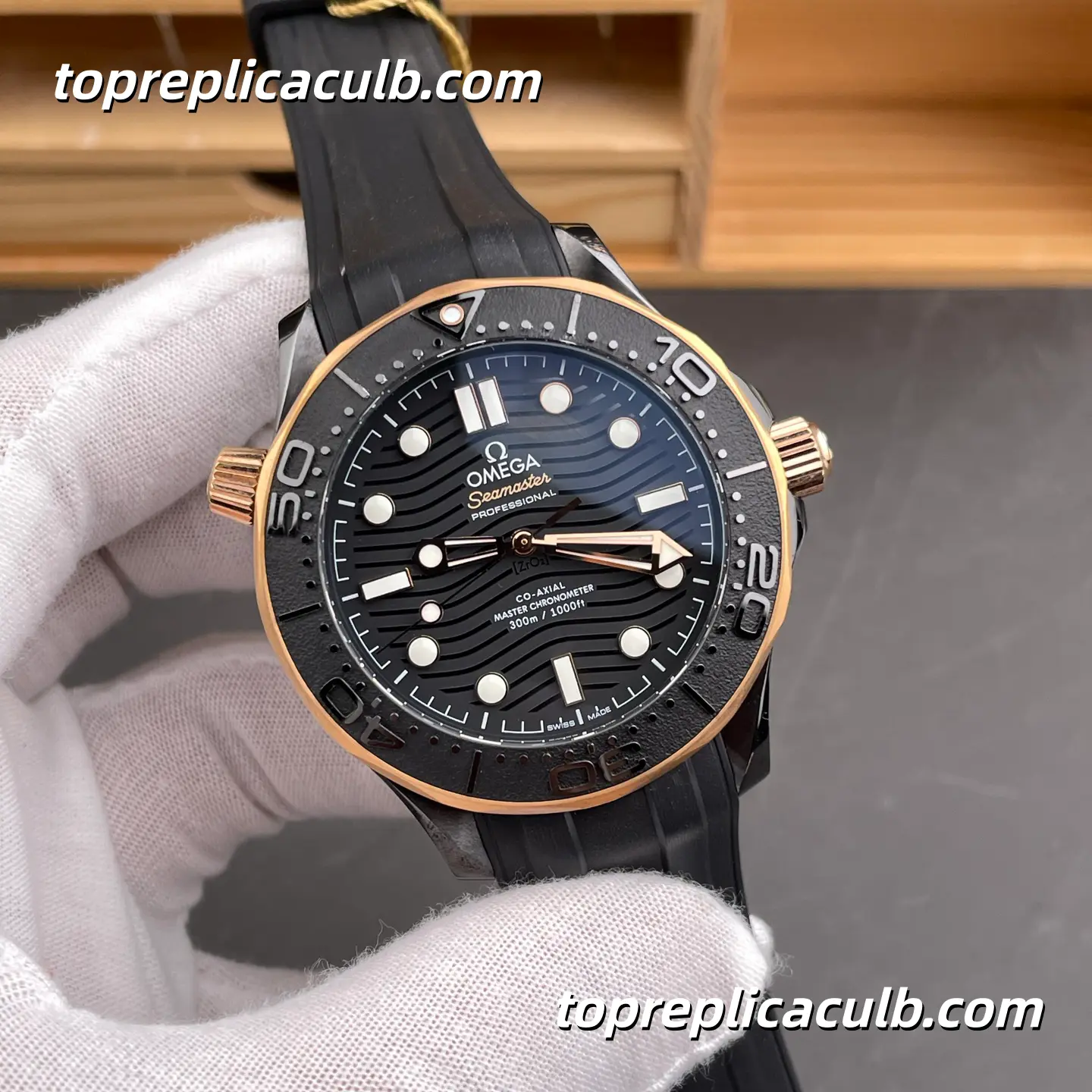 OR Factory Omega Seamaster Diver 300M Ref.210.62.44.20.01.001 43.5MM Black Dial Rose Gold Bezel Super Clone Watch with Black Rubber Strap 2824 Automatic Movement - Image 4