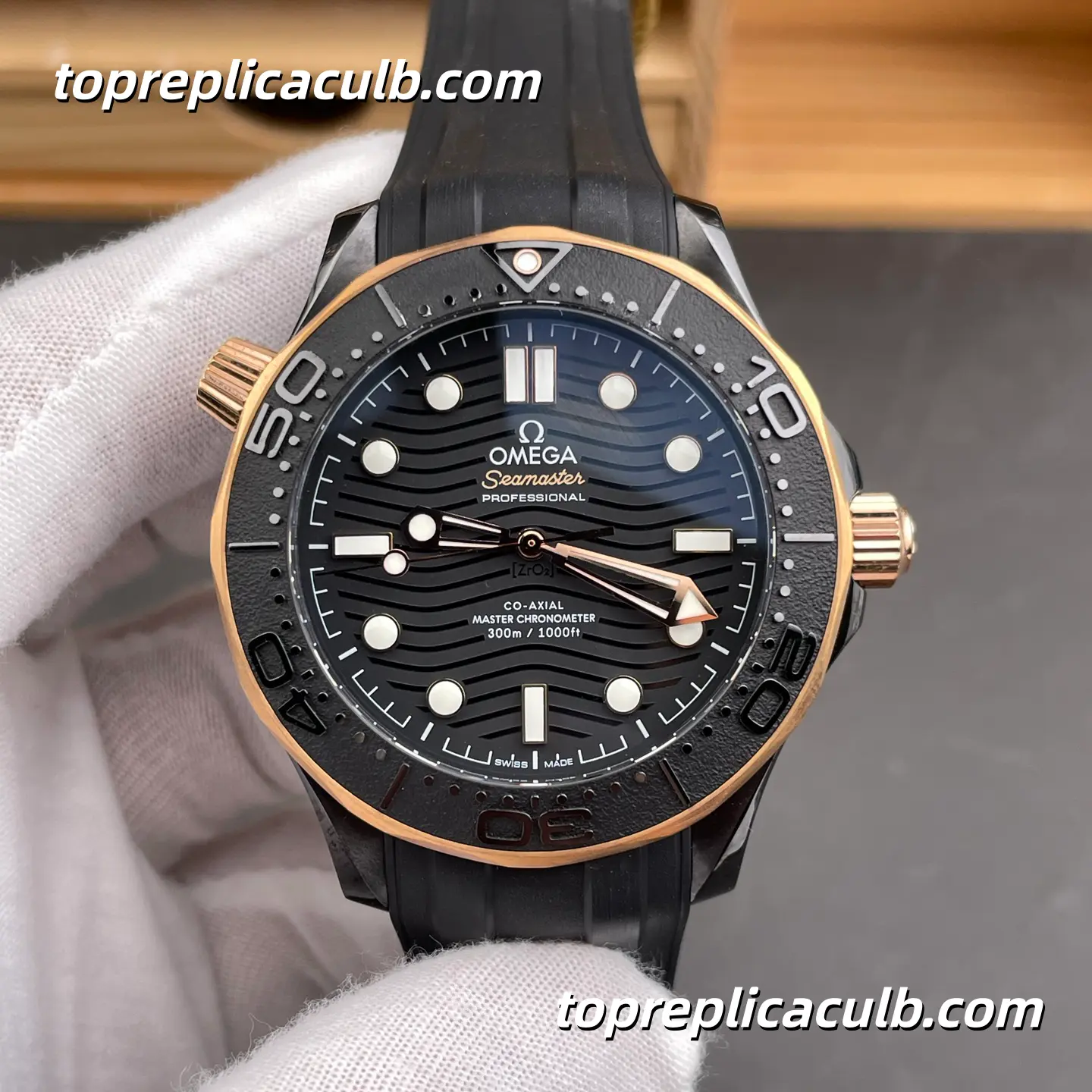 OR Factory Omega Seamaster Diver 300M Ref.210.62.44.20.01.001 43.5MM Black Dial Rose Gold Bezel Super Clone Watch with Black Rubber Strap 2824 Automatic Movement - Image 3